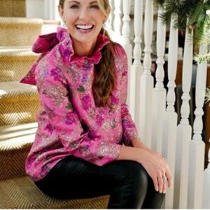 Vibrant Pink and Gold Ruffled Blouse with Relaxed Fit